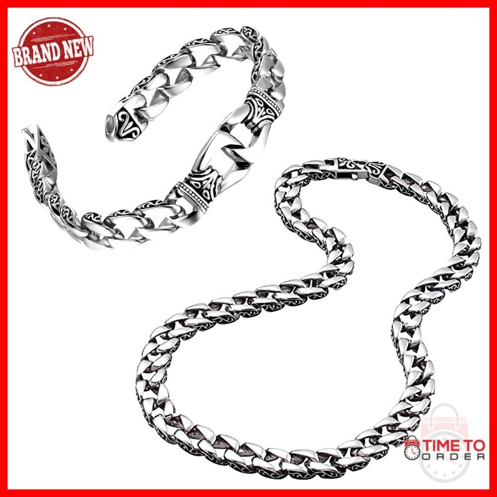 Stainless Steel Link Bracelet Set with Necklace, 9 Inch Length